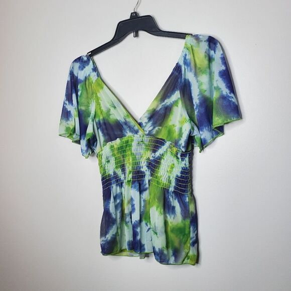 Cha Vente M Tie Dye Top Green Blue Boho V Neck - Picture 2 of 10